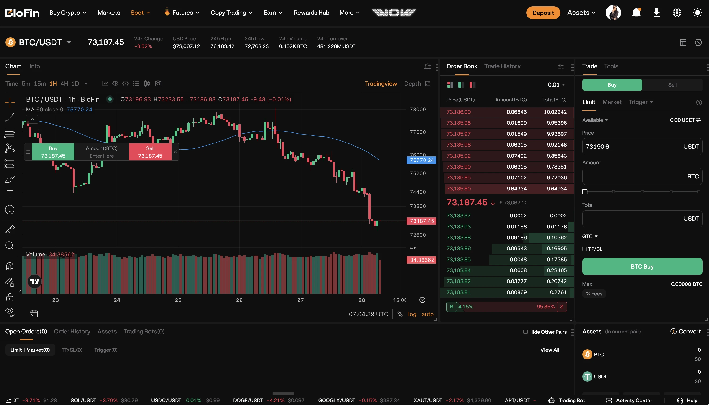 BloFin trading dashboard β futures chart, order book, position controls