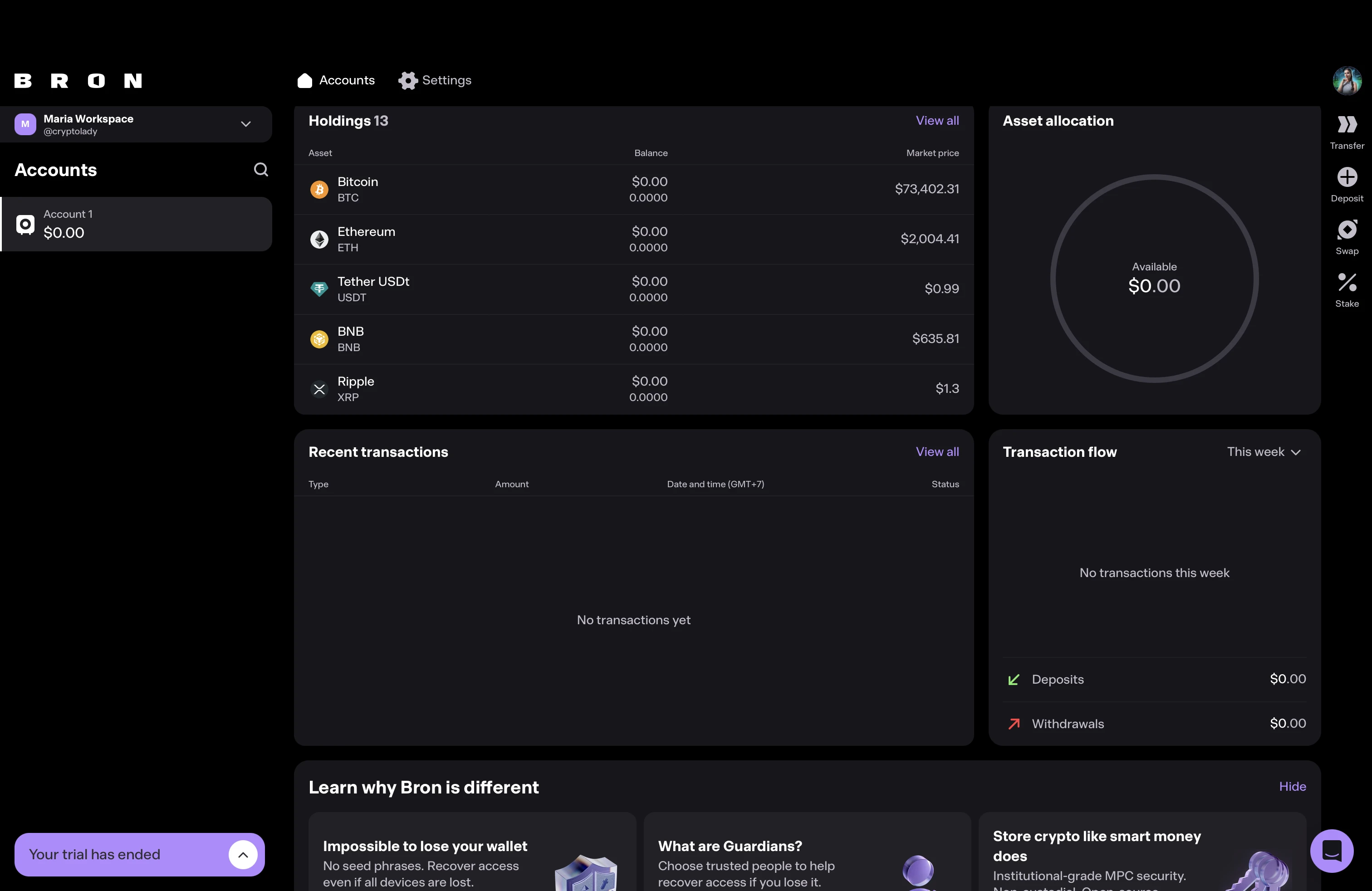 Bron wallet dashboard โ Holdings, Asset allocation pie chart, Recent transactions, Guardian explainer block