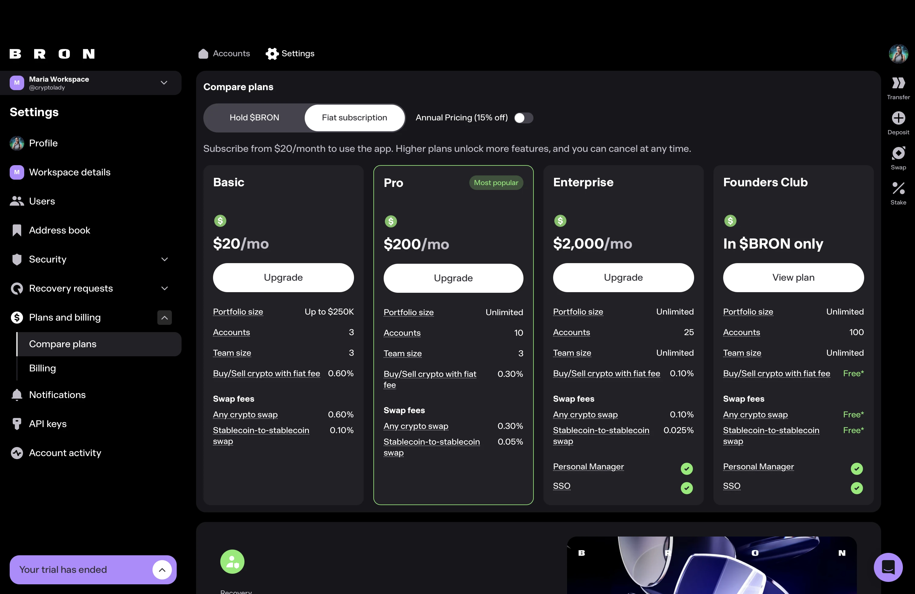 Bron pricing โ Fiat subscription plans, $20 to $2000 per month, annual 15% off