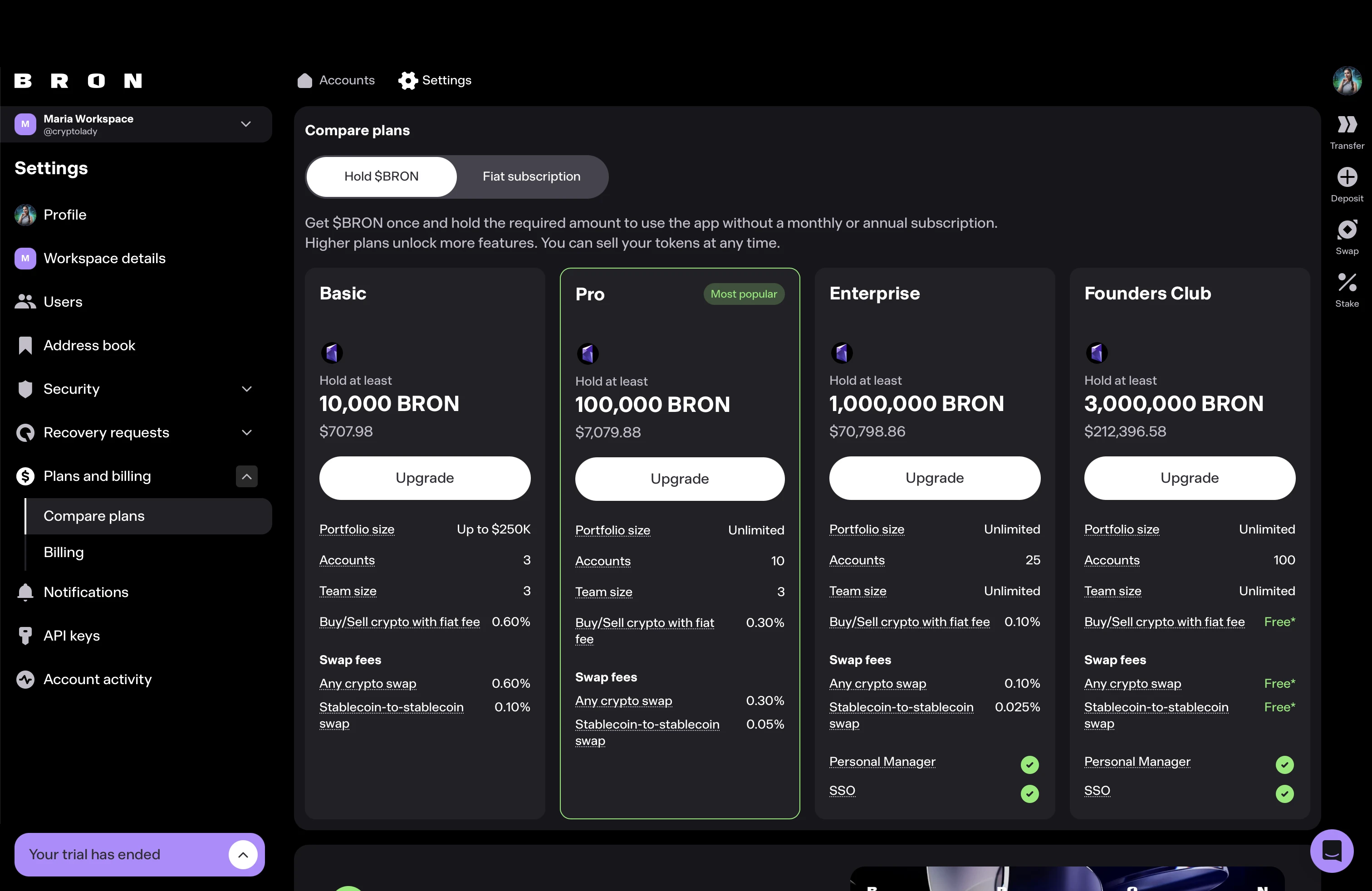 Bron pricing โ Hold $BRON token-tier plans Basic / Pro / Enterprise / Founders Club