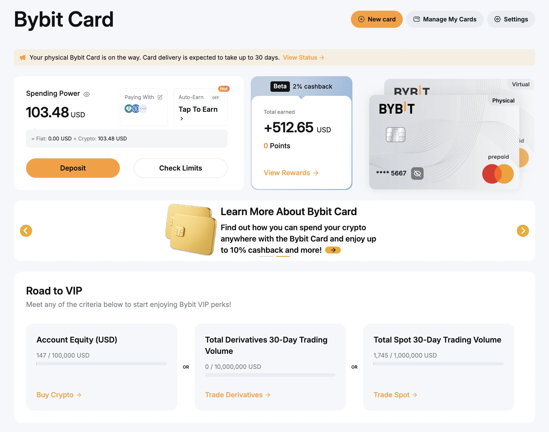 Bybit Card dashboard โ Spending Power, Total earned cashback, Pay with USDT/USDC, Road to VIP progress