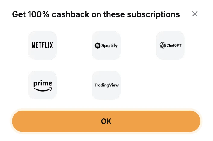100% cashback subscriptions โ Netflix, Spotify, ChatGPT, Amazon Prime, TradingView