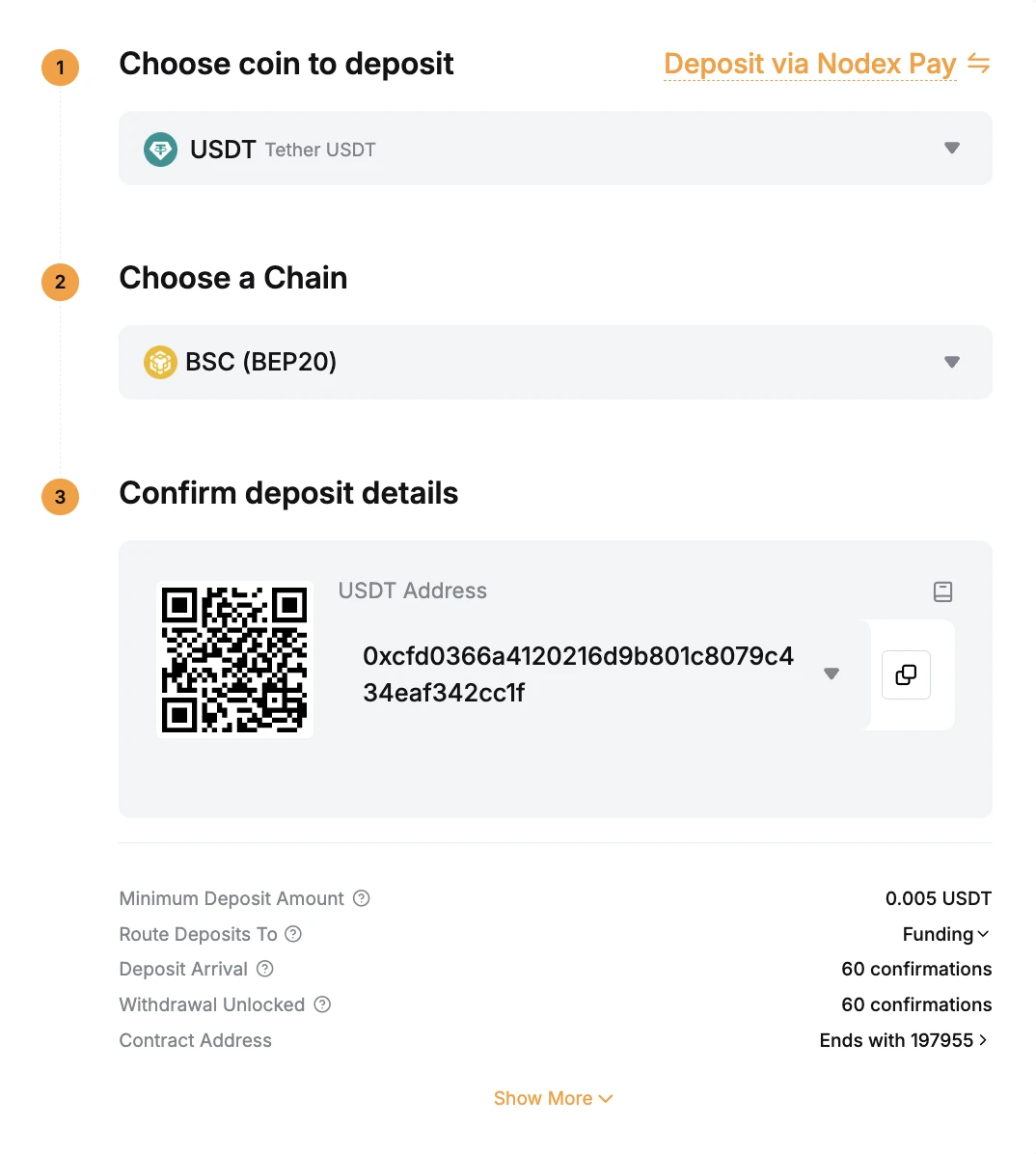 Bybit Crypto Deposit screen β coin, chain, QR code, address
