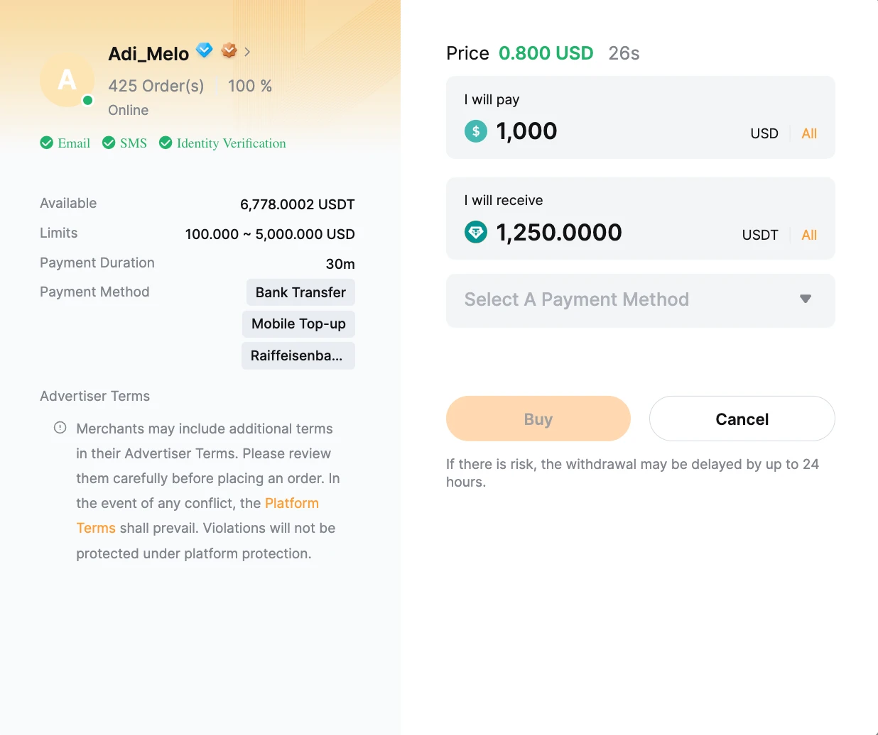 Bybit P2P buy order β seller card with payment terms and the buy form