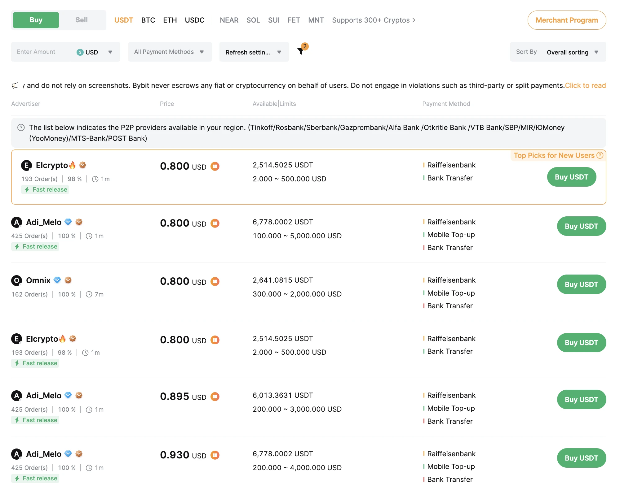 Bybit P2P sellers list β filter by order count, success rate, and limits
