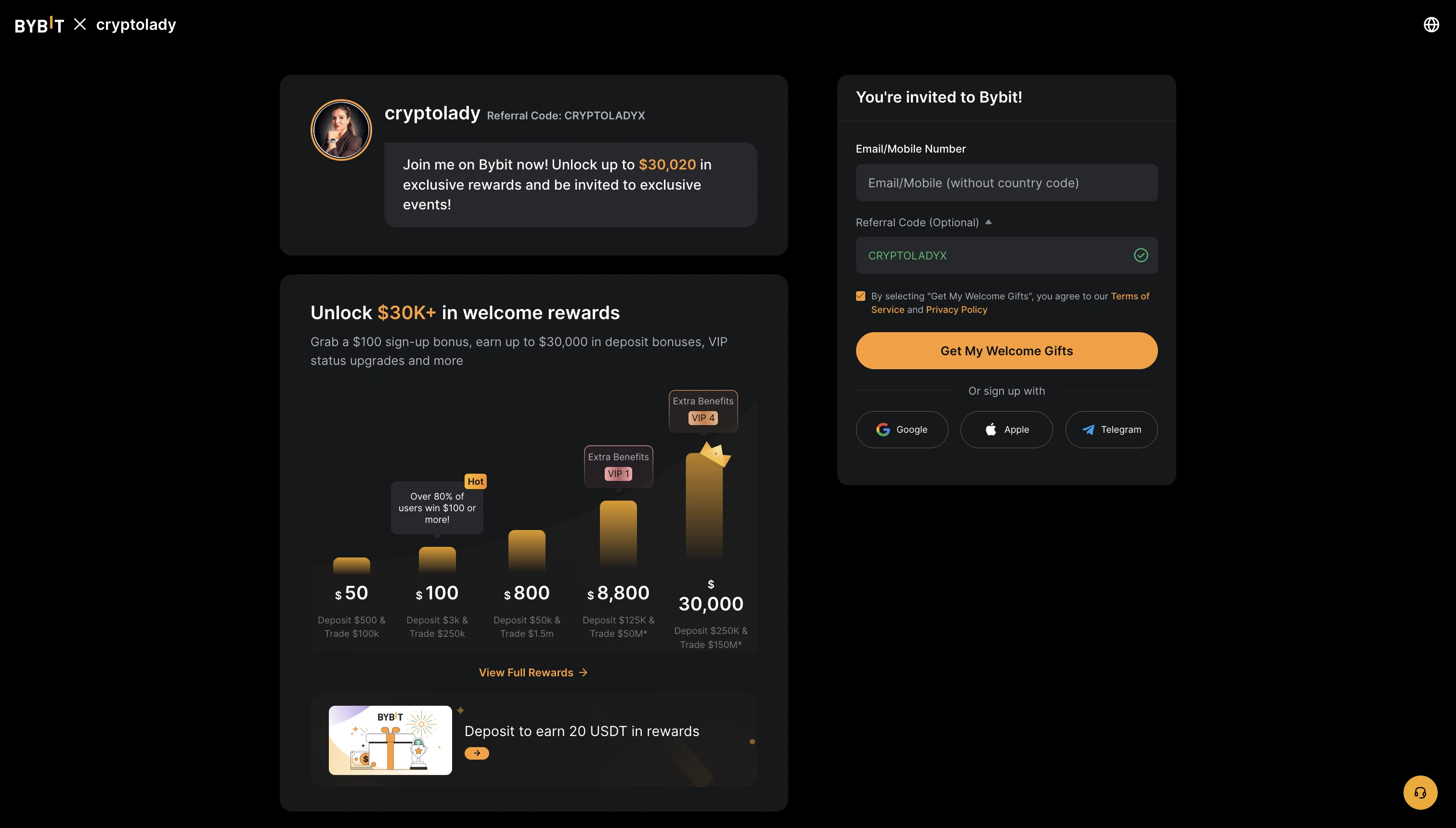 Bybit Welcome Rewards β up to $30,020 in tiered bonuses via the CRYPTOLADYX referral