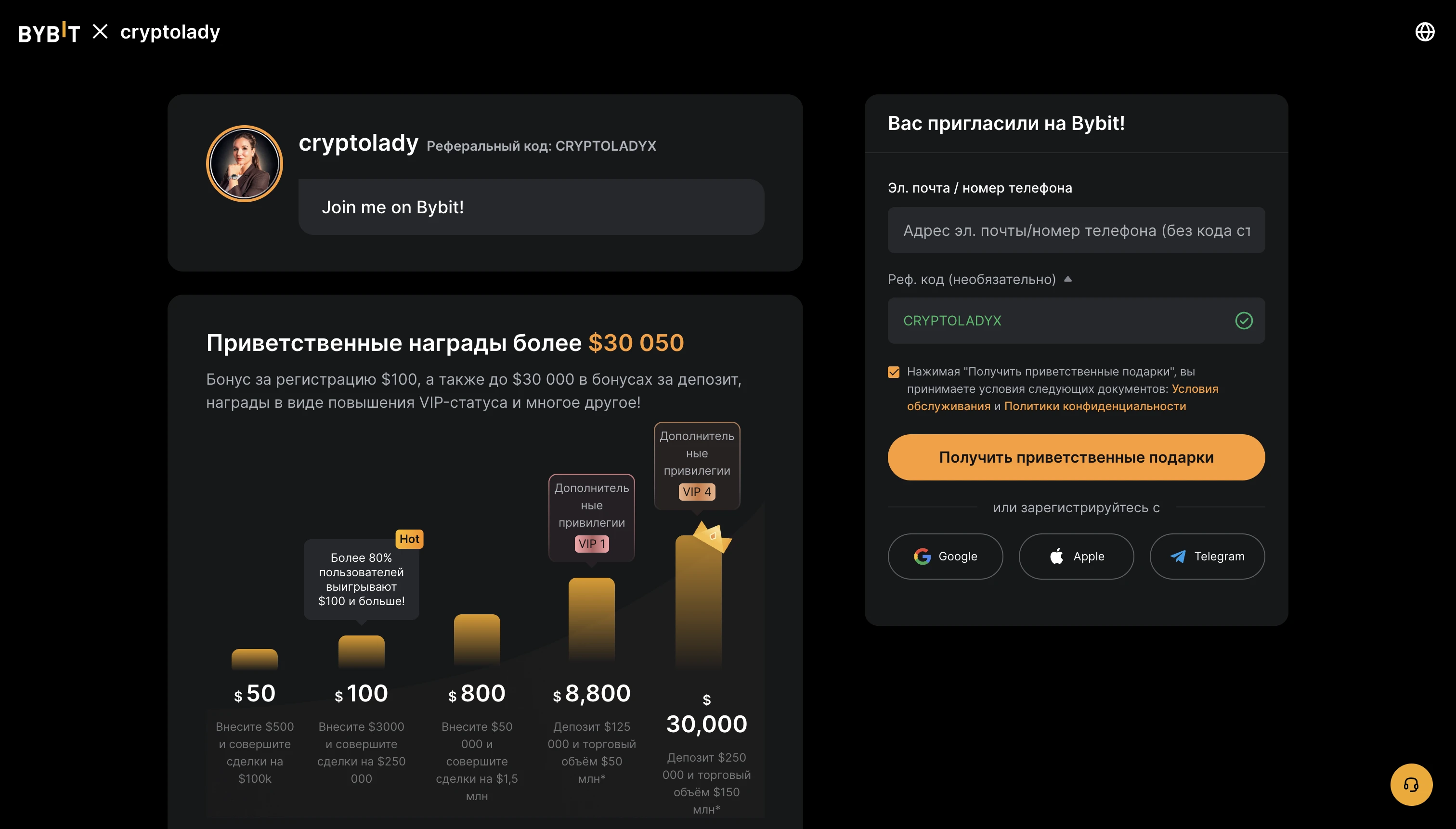 Реферальная страница Bybit с реф-кодом CRYPTOLADYX