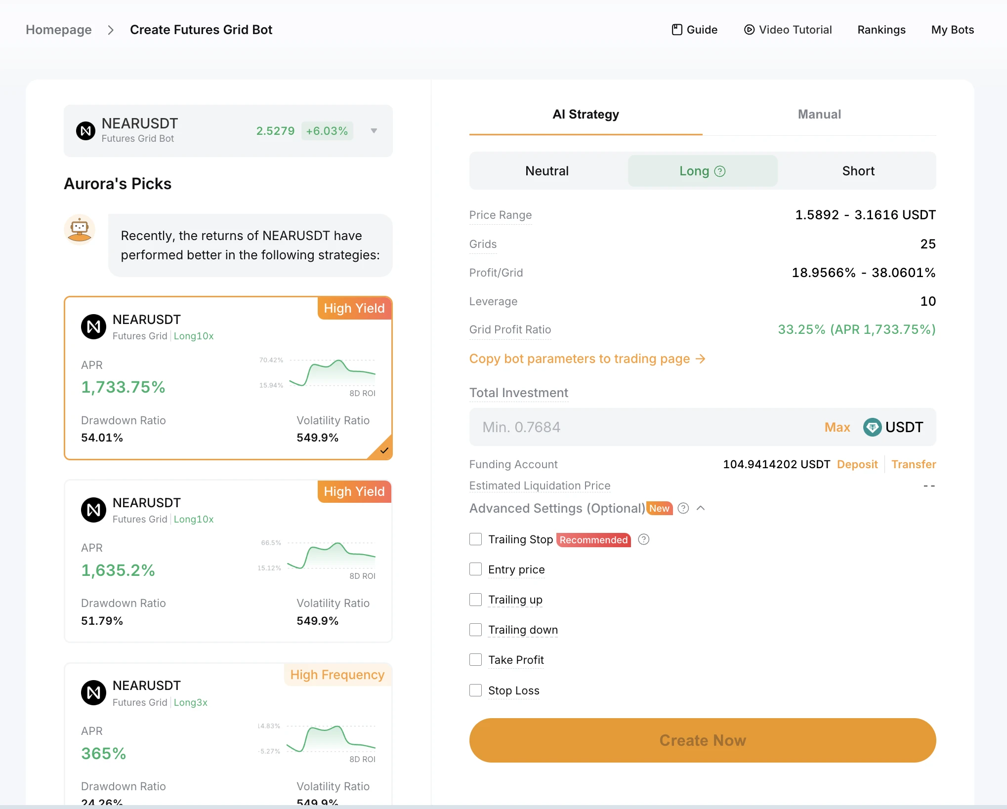 Конфигуратор Futures Grid с Aurora's Picks — AI Strategy mode с 3 готовыми presets и панель параметров