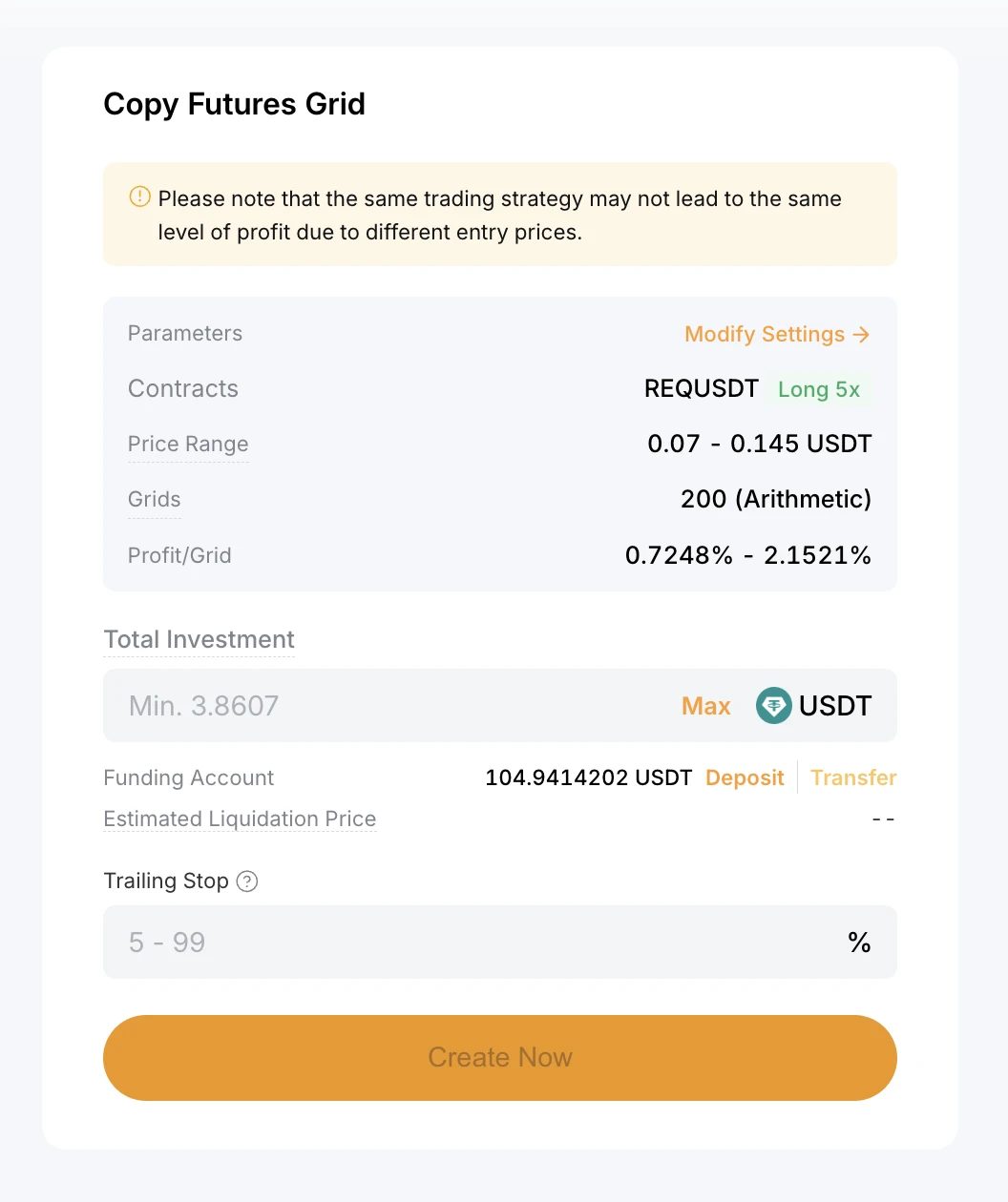 Диалог копирования Futures Grid — параметры исходного бота, минимальная сумма, trailing stop опции