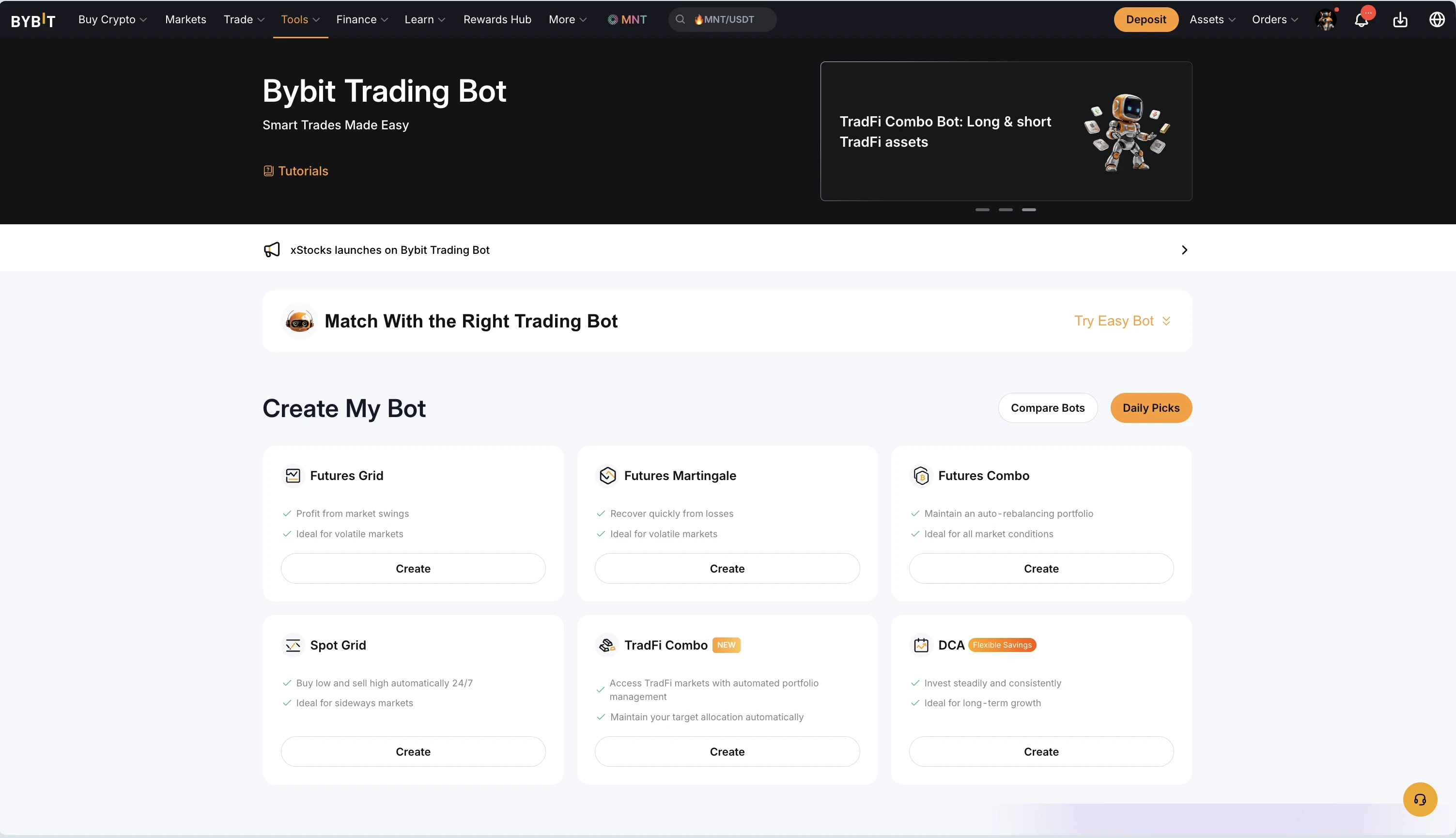 Главная страница Bybit Trading Bot — 6 типов ботов: Futures Grid, Futures Martingale, Futures Combo, Spot Grid, TradFi Combo NEW, DCA