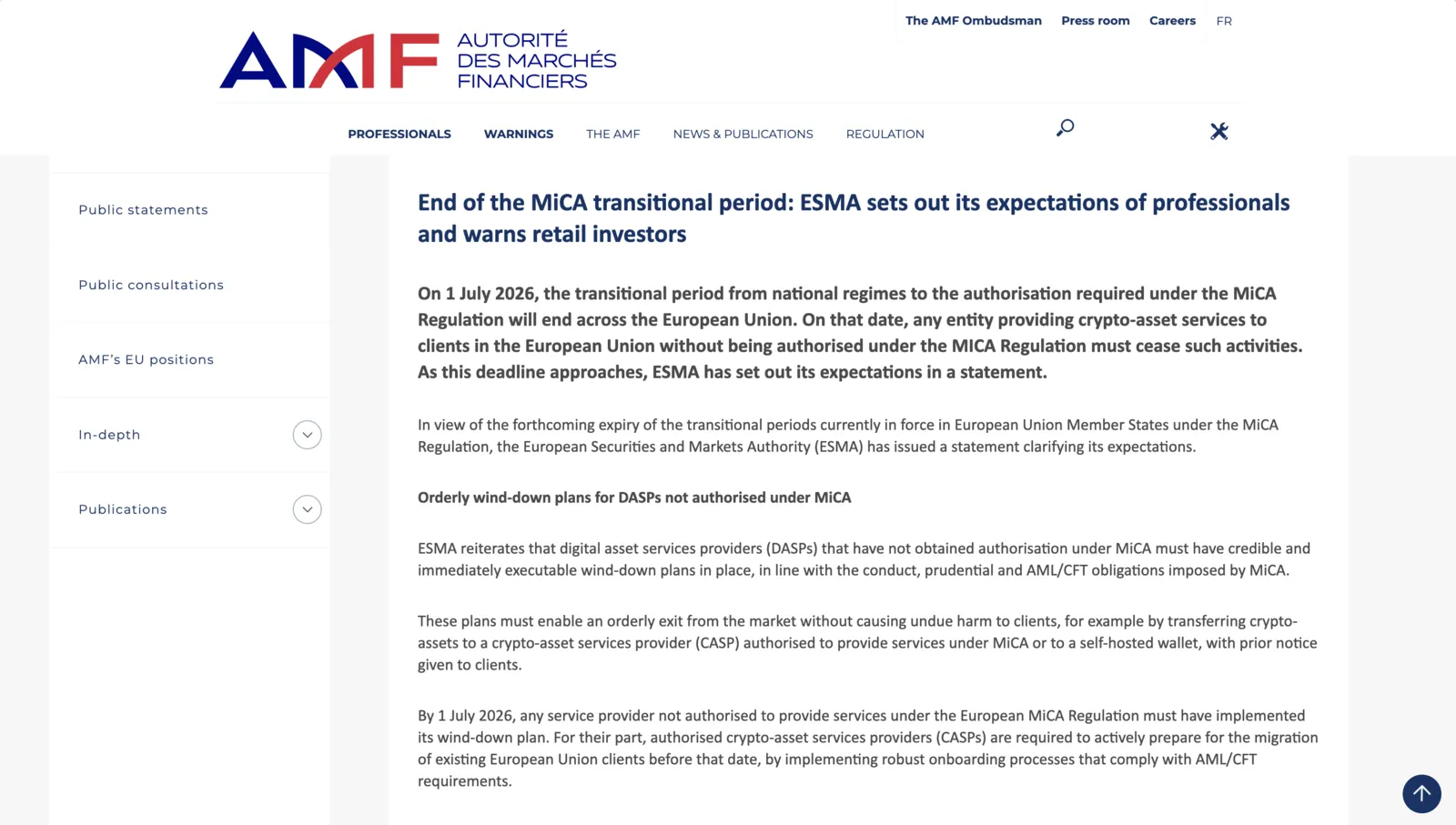 ESMA sets out its expectations and warns retail investors
