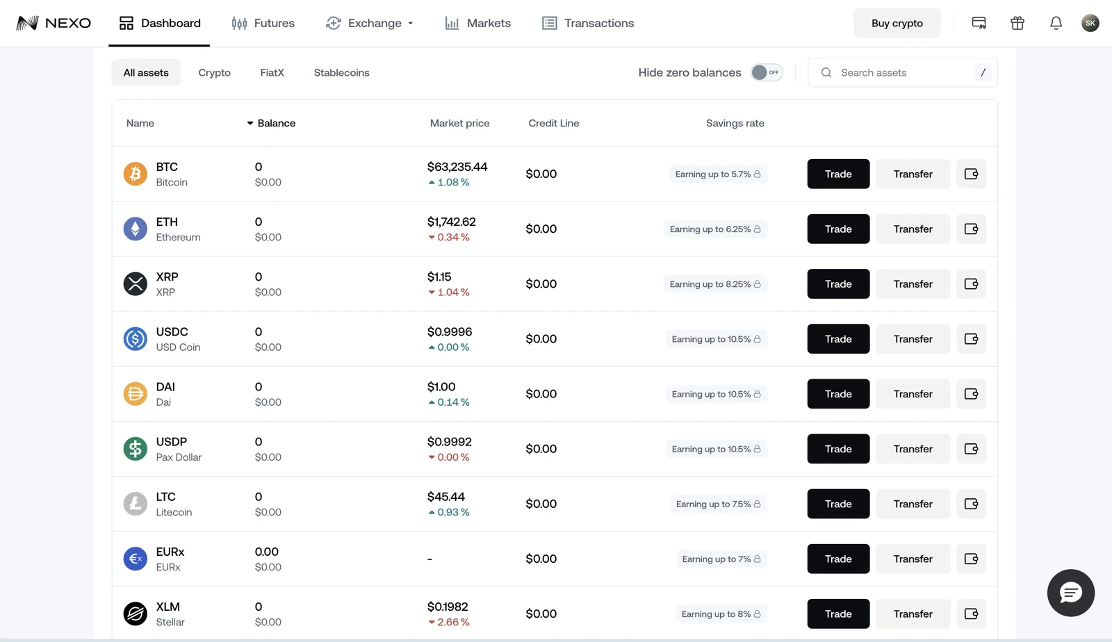 Nexo asset list with live Earn rates β BTC, ETH, stablecoins available as collateral