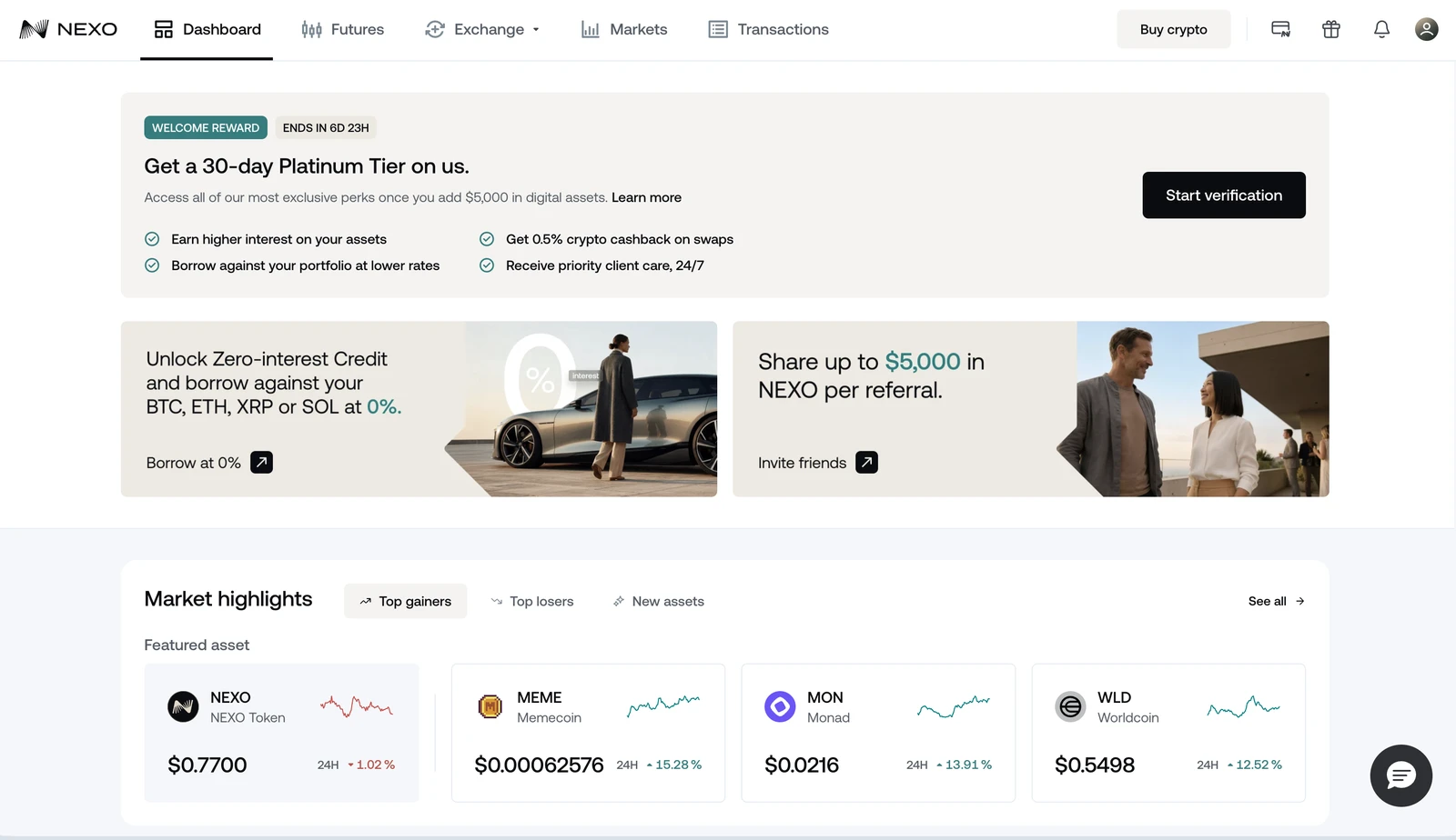 Nexo dashboard after onboarding β 30-day top-tier welcome banner, Zero-interest Credit promo and market overview