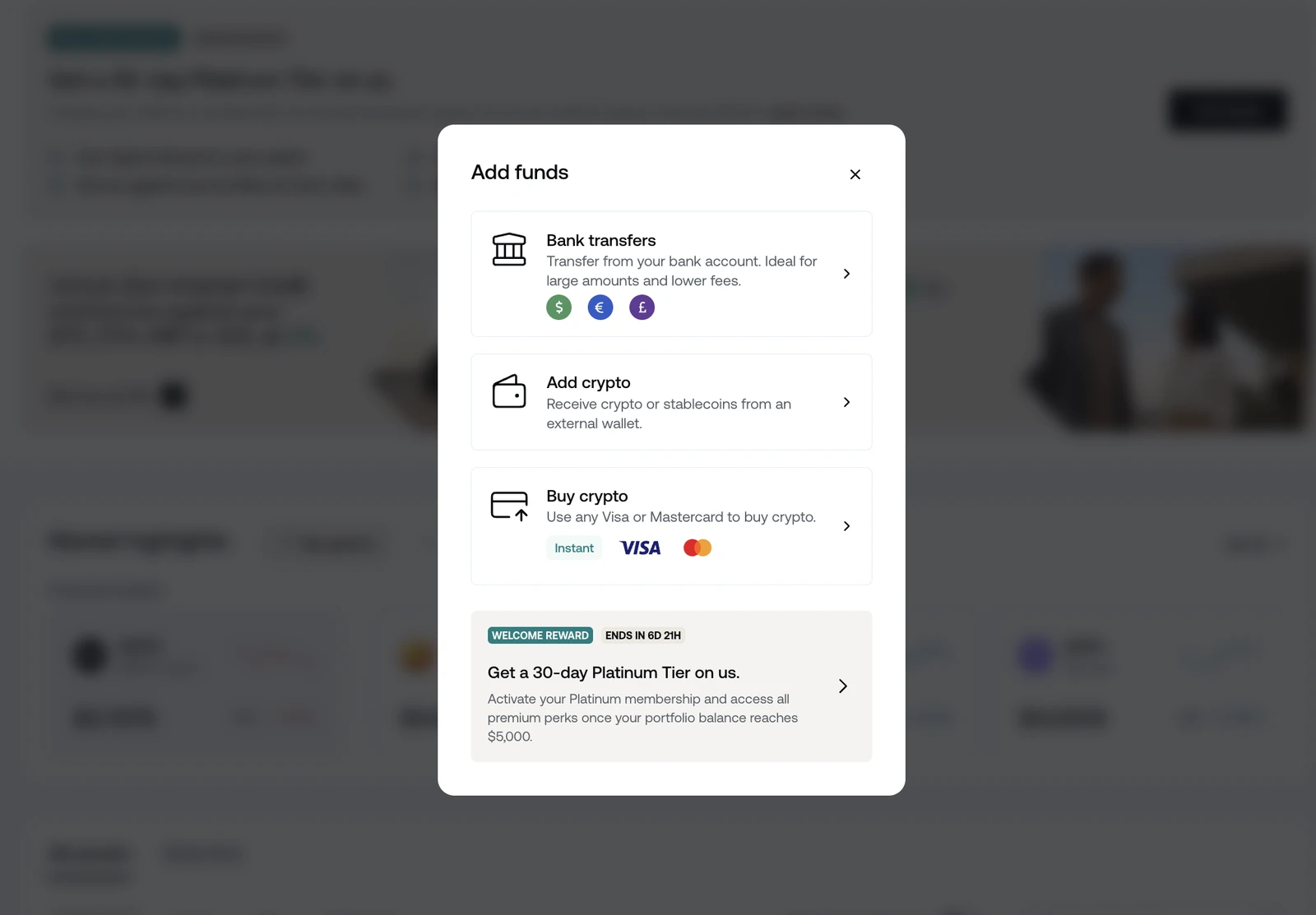 Nexo Add funds options β bank transfer, crypto deposit or card purchase, with the 30-day top-tier reward banner
