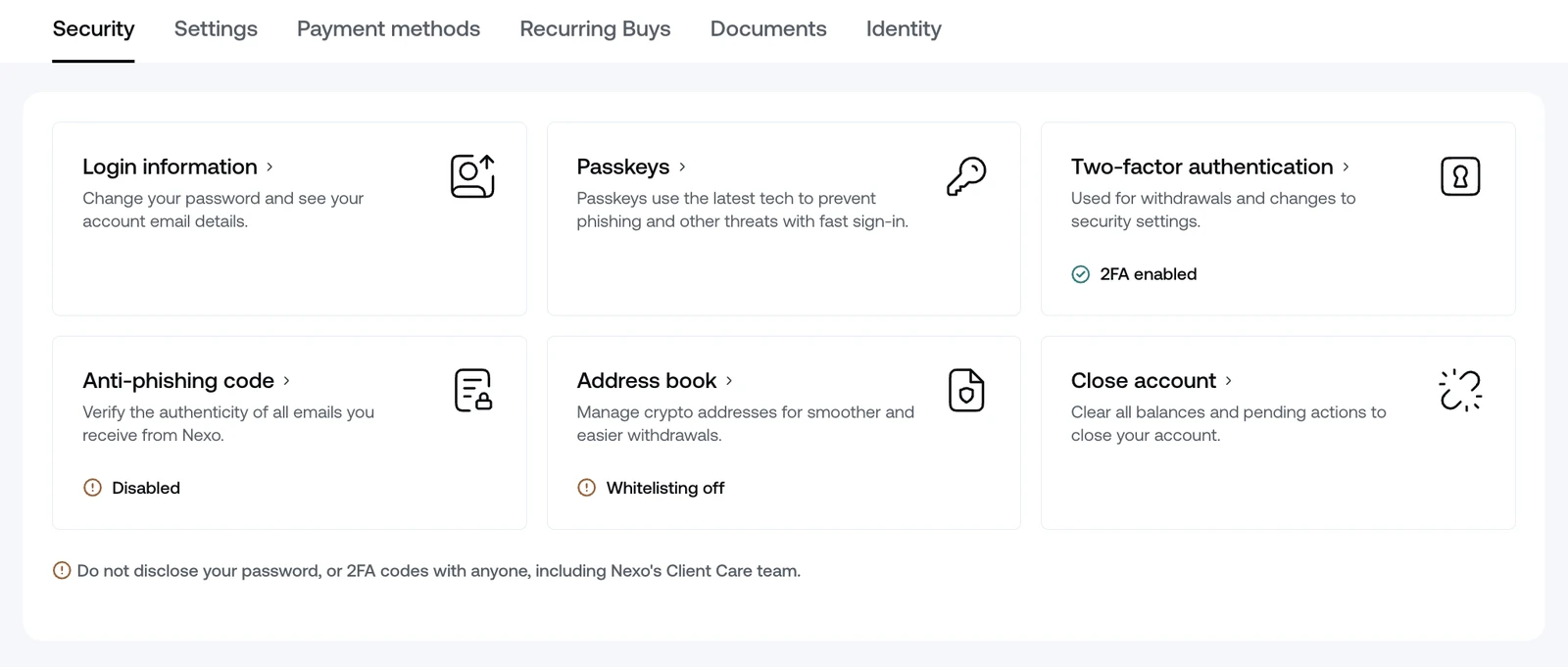 Nexo security settings β 2FA, anti-phishing code, address book whitelisting and passkeys