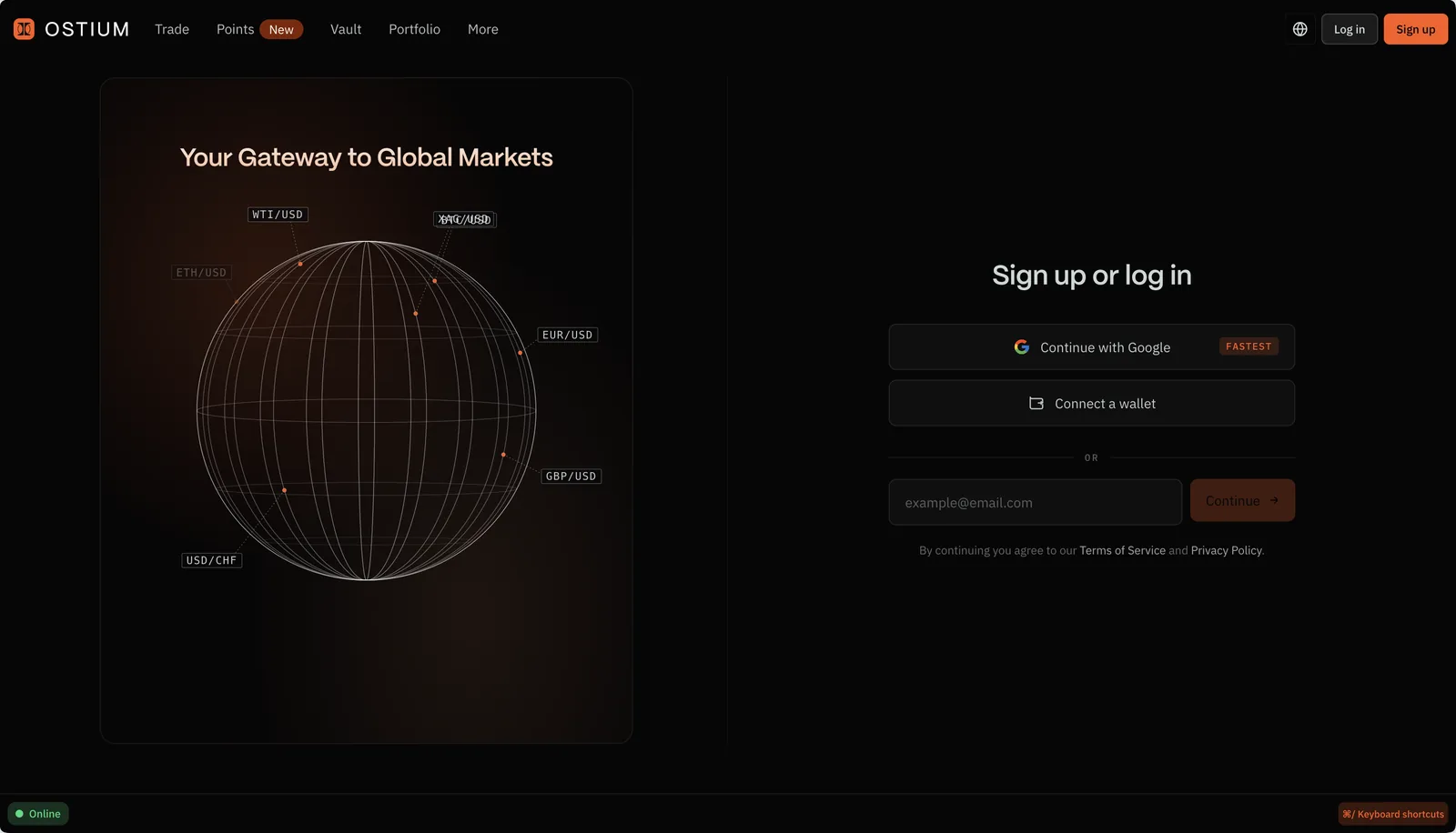 Ostium signup: Continue with Google marked fastest, or connect a wallet β MetaMask, Coinbase Wallet, Rainbow and others