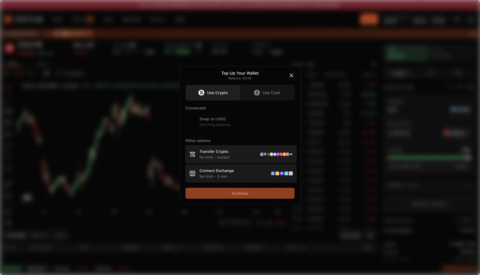 Ostium top-up flow: Use Crypto or Use Cash, swap to USDC, transfer crypto with no limit instantly, or connect an exchange